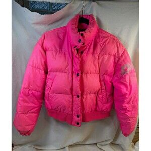 DKNY Y2K Neon Hot Pink Cropped Puffer Jacket Goose Down Spellout Petite P/P